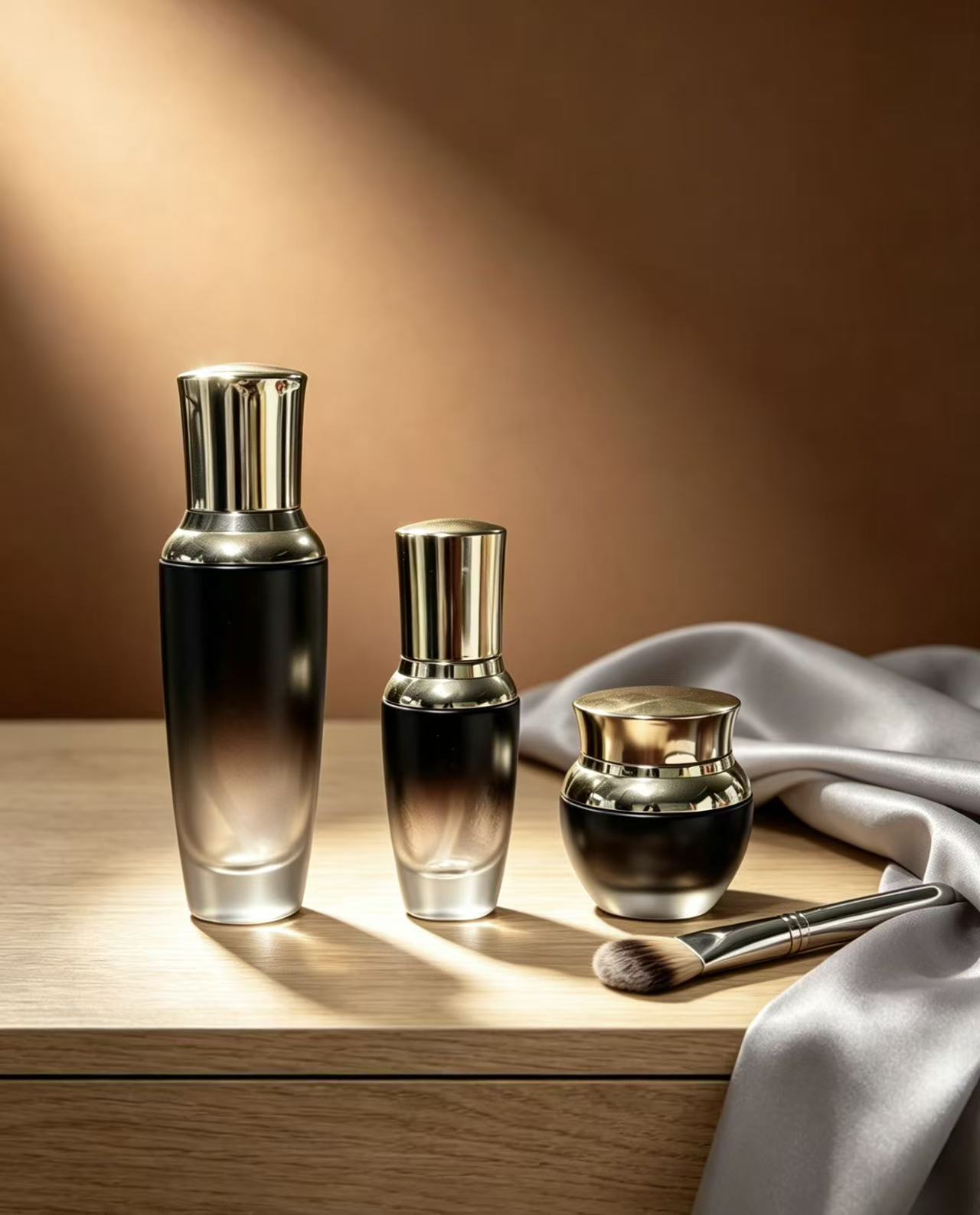 Skincare line set — serum, lotion and cream jar
