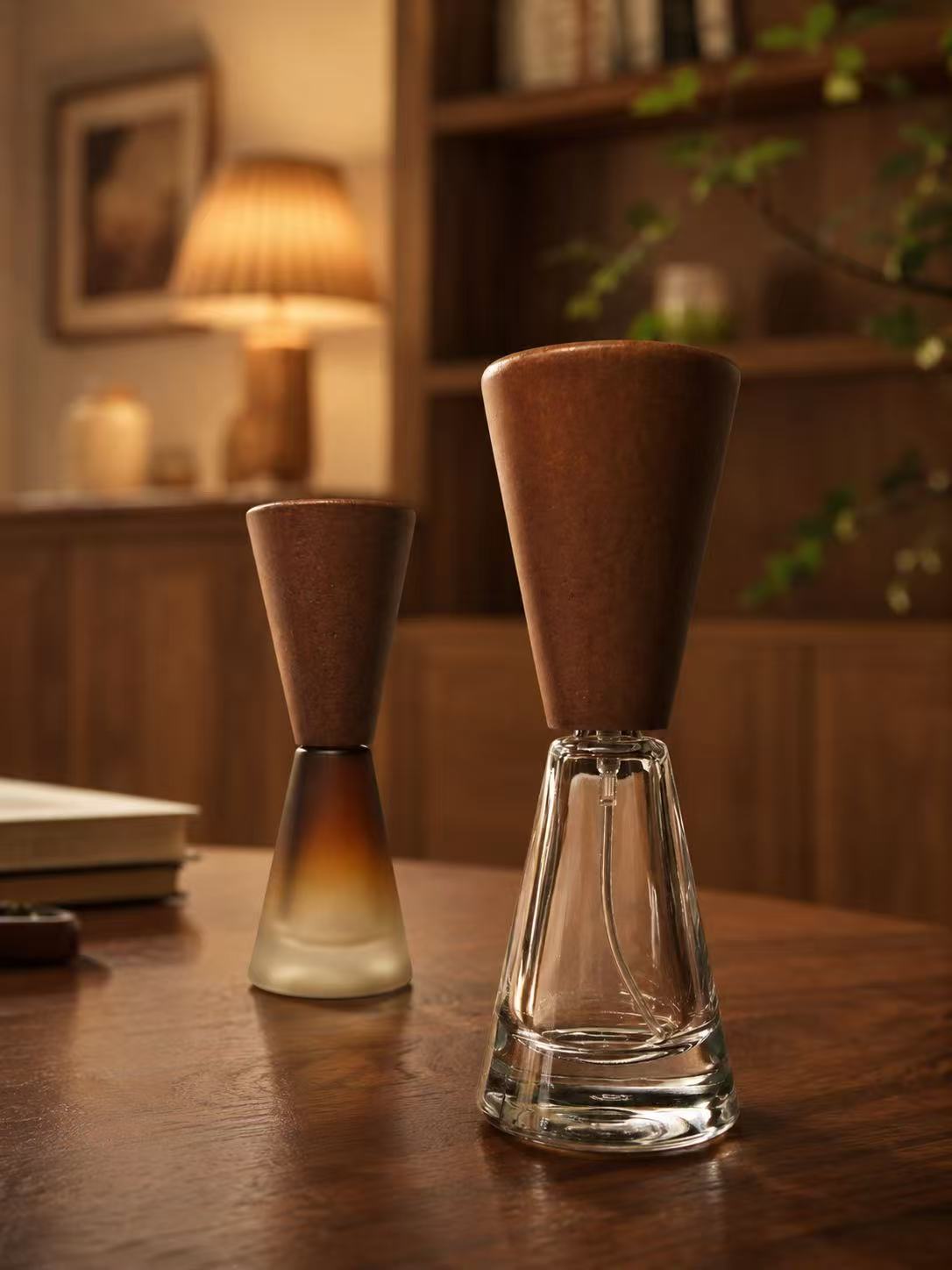 Conical glass essential oil bottle with wood cap