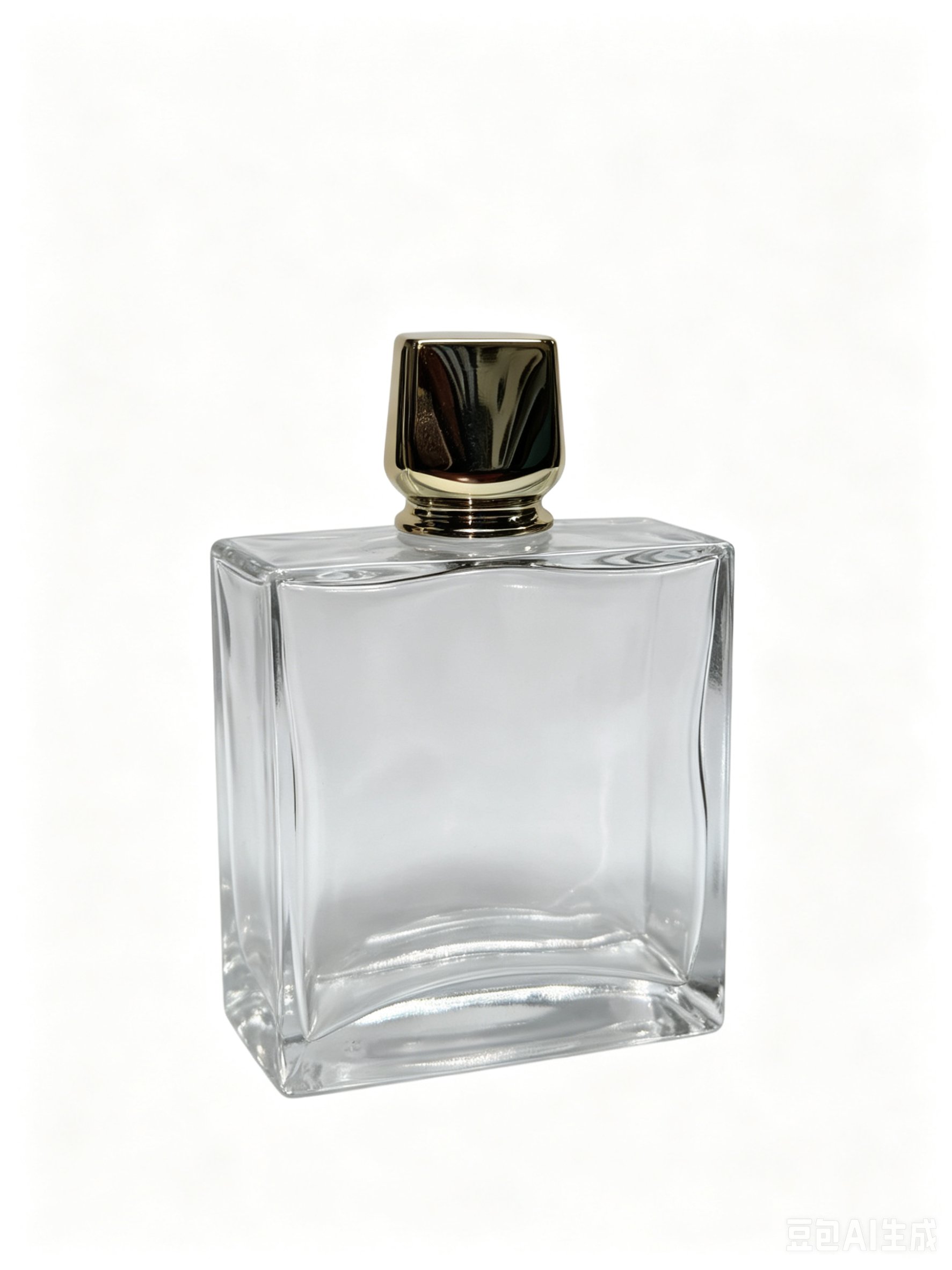 Clear square glass perfume bottle with gold cap — stock shape