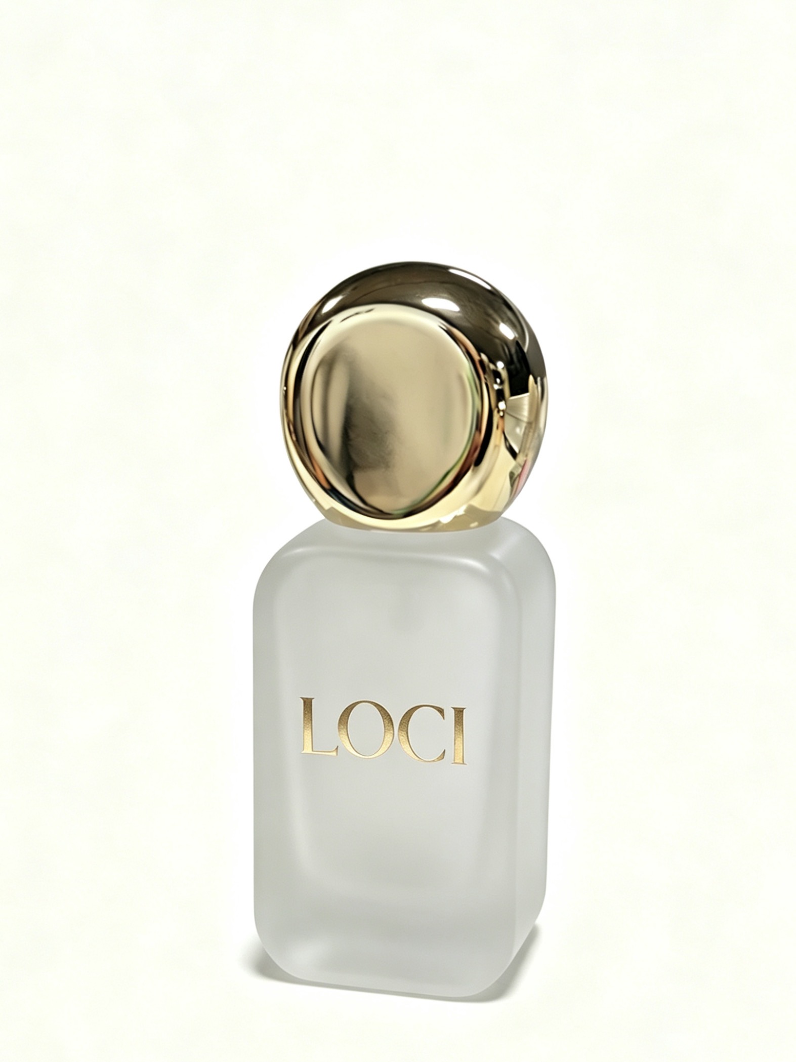 Frosted white square perfume bottle with gold sphere cap