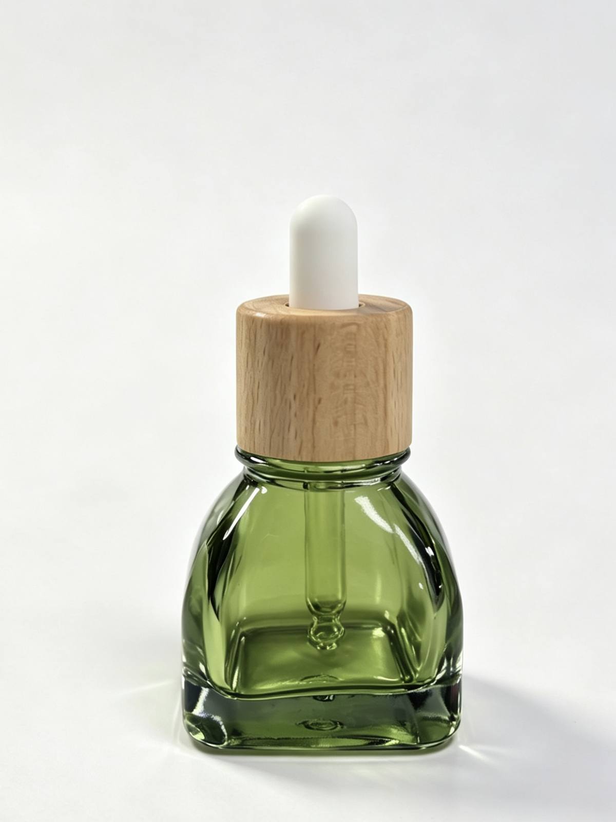 30ml olive green arch body glass serum dropper bottle wholesale OEM skincare China wood cap